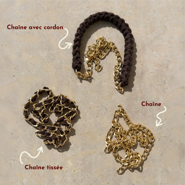 LAILI STUDIO trois lanières de sac en or, avec cordon ou fil tissé